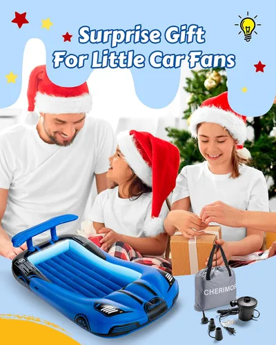 Vista 8 de CHERIMOR Cama inflable de viaje para niños pequeños con parachoques de seguridad y bomba de inflado automático de 2 minutos, colchón de aire