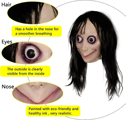 Vista 4 de Máscara MOMO espeluznante de Halloween, hecha a mano de látex aterrador, máscara de goma para fiesta de cosplay