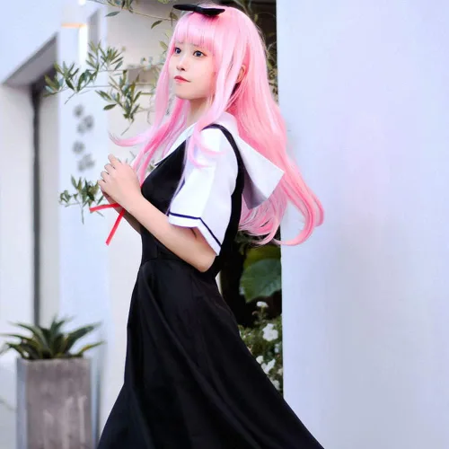 Vista 6 de Kaguya Sama Love is War Shinomiya Chika Disfraz de cosplay negro uniforme con peluca