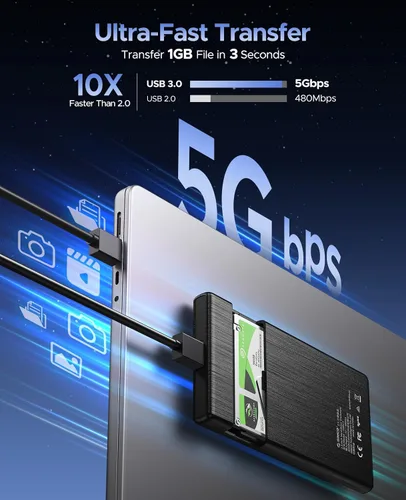 Vista 5 de ORICO Caja de disco duro externo USB 3.0 a SATA III de 2.5 pulgadas para disco duro SATA HDD/SSD de 2.5 pulgadas 0.276 in-0.374 in sin herramientas