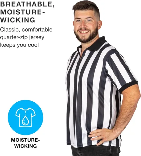 Vista 3 de Crown Sporting Goods Men's Official Black & White Stripe Referee/Umpire Jersey – Pro-Style Ref Uniform, Great for Basketball, Football, & Soccer