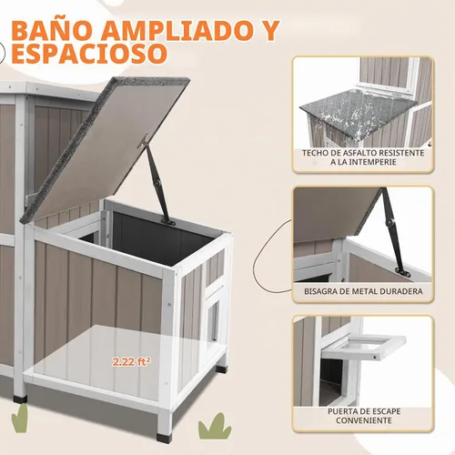 Vista 5 de Gowoodhut Casa para Gatos de Exterior de 36.1" de Largo, Refugio de Madera para Gatos de Exterior de 2 Pisos con 3 Puertas de Escape, Casa de Madera
