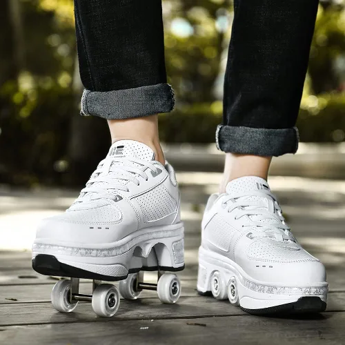Vista 8 de KOFUBOKE Zapatos de patinaje unisex para adultos y niños, con ruedas invisibles, 2 en 1, polea extraíble, patinaje parkour