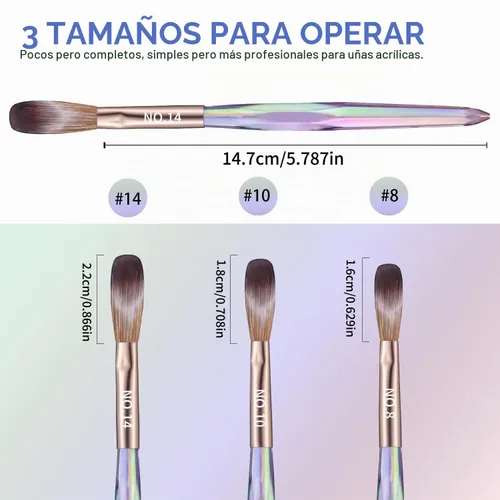 Vista 2 de Juego de cepillo de uñas de acrílico de 3 piezas, tamaño 8/10/14, cepillo acrílico profesional