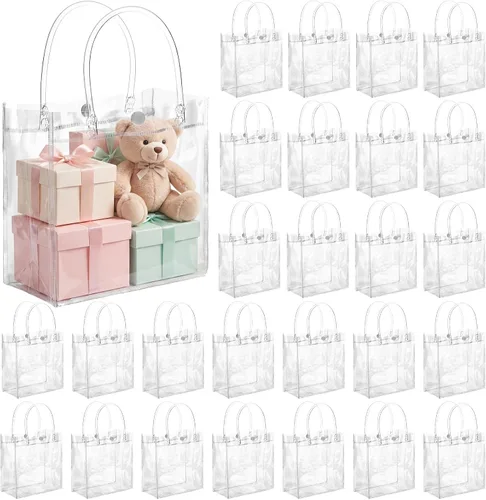 Vista 8 de Saintrygo 50 bolsas de regalo de plástico transparente con asas, bolsas de regalo de plástico reutilizables de PVC, bolsa de regalo de plástico
