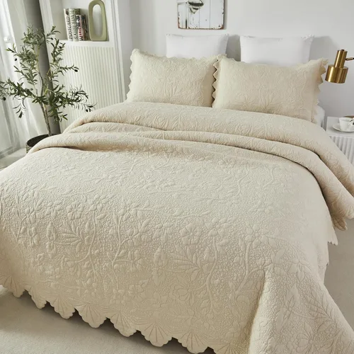 Vista 8 de Brandream Juego de ropa de cama de 2 piezas con borde festoneado, tamaño individual, color beige, tamaño individual, tamaño individual