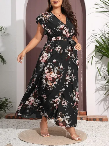 Vista 6 de WDIRARA Vestido largo con cuello en V envolvente floral para mujer, con abertura, manga con vuelo, con cinturón