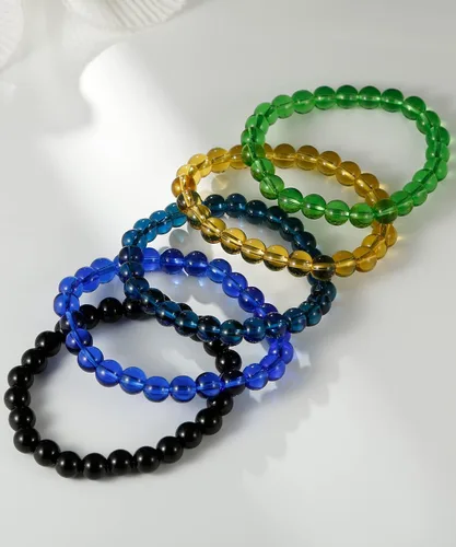 Vista 6 de BOMAIL 5 pulseras elásticas de cuentas de 0.315in, hechas a mano, redondas, de cristal, para mujeres, multicolor, mate, pulsera elástica, regalos