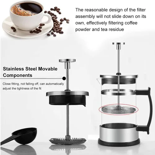 Vista 6 de Joyzan Cafetera de prensa francesa, cafetera de acero inoxidable resistente al calor, máquina de té de infusión en frío, grosor de vidrio
