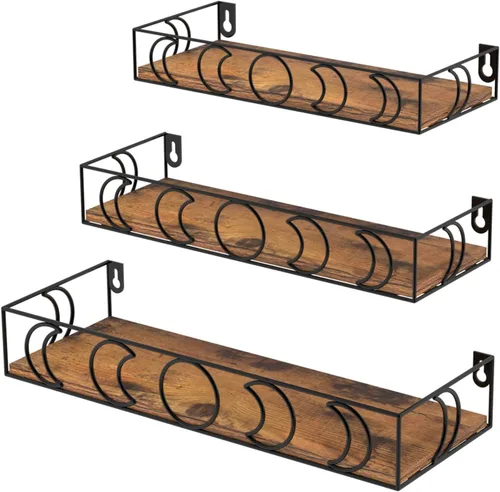Vista 10 de PHAREGE Estantes Flotantes de Fases Lunares Negros, Juego de 3 Pequeños Estantes Decorativos de Pared para Almacenamiento de Libros y Plantas