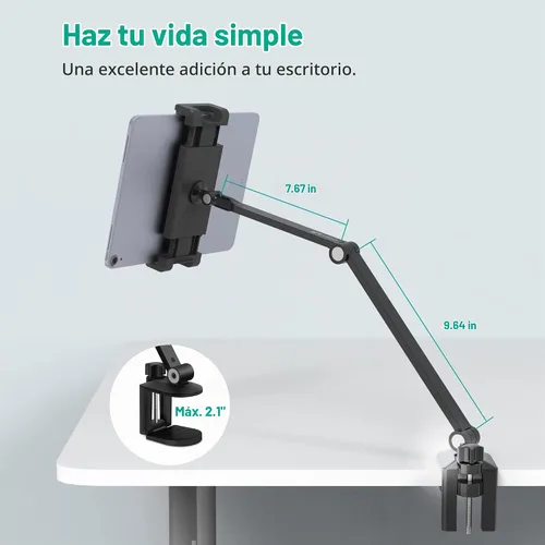Vista 5 de Soporte de escritorio para iPad, abrazadera ajustable para tableta, rotación de 360 grados, soporte de brazo de aluminio resistente para iPad Negro