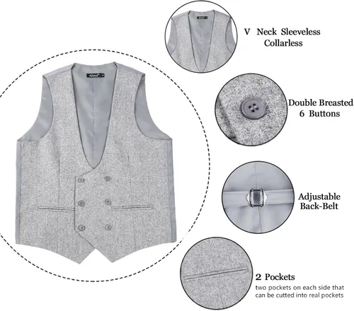Vista 4 de Alizeal Mens Formal Tweed Suit Vest Double Breasted Slim Fit Wool Tuxedo Solid Waistcoat
