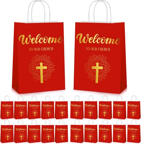 Vista 7 de Chuangdi 50 bolsas de regalo de bienvenida a la iglesia, bolsas de papel cristiano con asas para invitados, día de la madre, baby shower, Azul