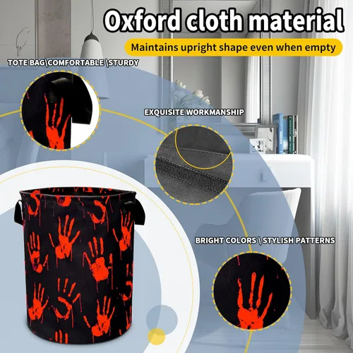 Vista 3 de Cesta de Lavandería con Estampado de Mano de Salpicaduras de Sangre, Patrón de Gotas de Sangre, Tela Oxford Plegable, Bolsa de Mano Divertida, Cesta