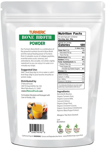 Vista 2 de Caldo de hueso de cúrcuma en polvo (bovino) – Hecho en Estados Unidos – Proteína + colágeno + aminoácidos – Suplemento de carne superalimento