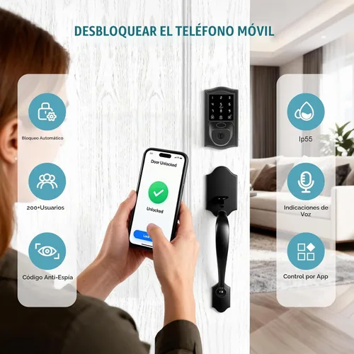 Vista 6 de Juego de cerraduras inteligentes para puerta delantera con huellas dactilares con asa, control remoto con aplicación WiFi integrada y guía de voz