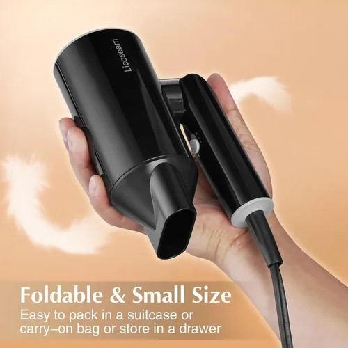Vista 2 de Secador de pelo plegable pequeño de 1600 W, negro Secador compacto de secado rápido con concentrador y tiro frío