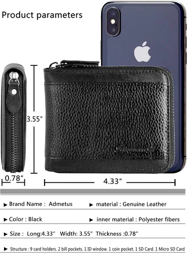 Vista 12 de Admetus Billeteras con bloqueo RFID para hombre, billetera de cuero con cremallera para hombres con tarjetero RFID plegable