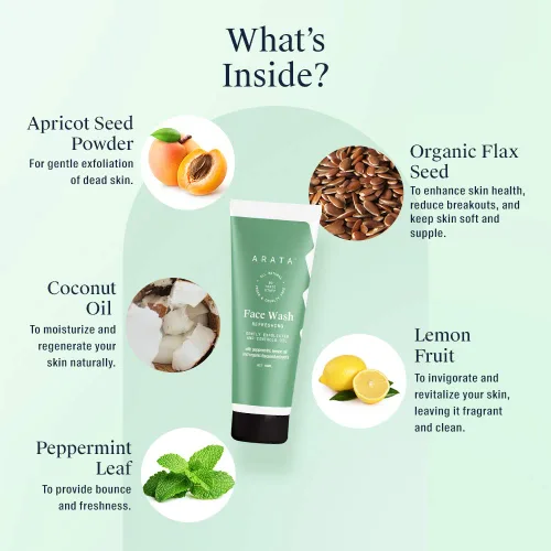 Vista 3 de Arata Jabón facial refrescante con aceite de limón ayurvédico, menta y linaza orgánica, certificado EWG, totalmente natural, vegano y libre
