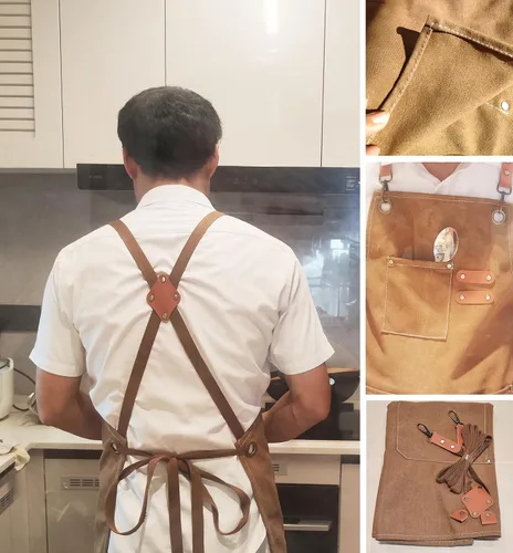 Vista 3 de Chef Aprons with Large Pockets for Women Men, Cotton Canvas Cross Back Water Repellent Work Apron with Adjustable Straps for Size M-XXL (Blue+Brown)