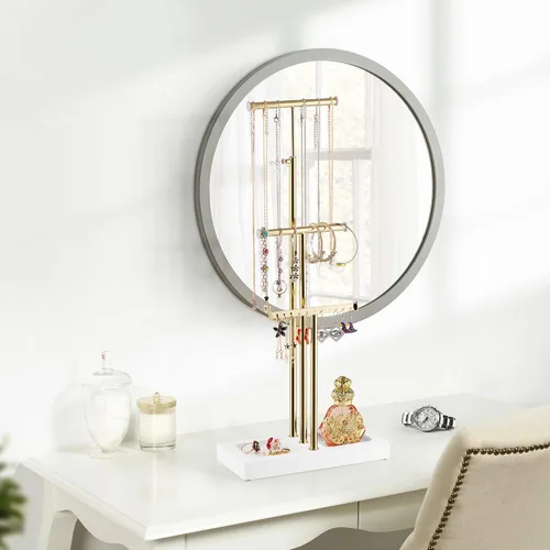 Vista 8 de Love-KANKEI Organizador de joyas colgante con base de metal y madera, soporte para collar con árbol de 3 niveles soporte para joyas para pulseras