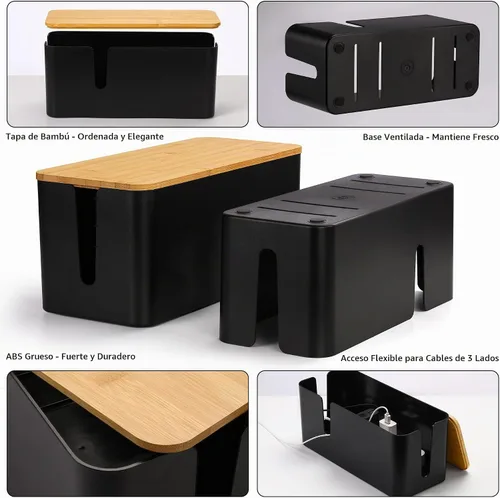Vista 4 de ZhiYo Caja Organizadora de Cables con Tapa de Bambú, Caja de Gestión de Cables ABS Segura para TV y Computadora, Cubierta de Madera Ocultador