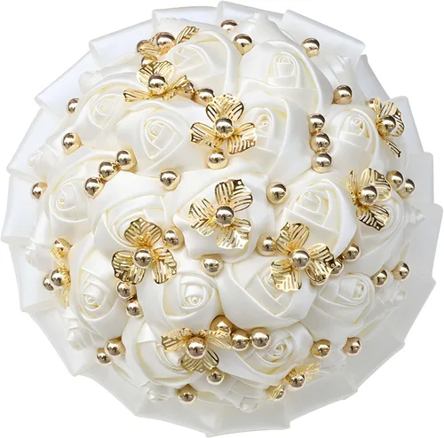 Vista 12 de Ramo de boda de 7 pulgadas, ramo de flores de satén para dama de honor, botón dorado, ramo de flores artificiales para bodas en interiores Negro