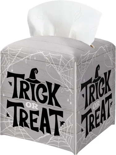 Vista 18 de Soporte para caja de pañuelos de Halloween con tapa cuadrada de cuero negro, organizador de papel facial, dispensador de papel higiénico para baño