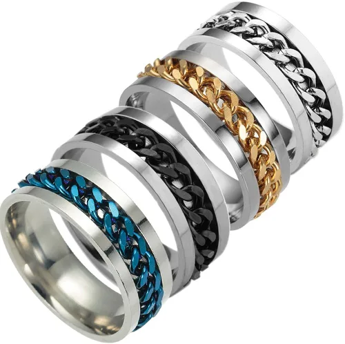 Vista 3 de Anillo de acero de titanio para hombre, alianza con borde y centro giratorio