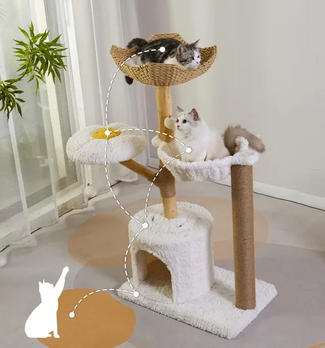 Vista 8 de Árbol para gatos moderno con hamaca de 48.5 pulgadas, torre para gatos con poste para rascar, con poste de madera real, gran cesta de ratán