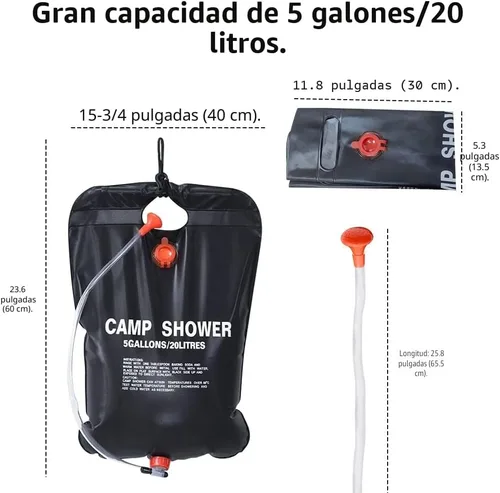 Vista 6 de DkOvn Bolsa de ducha solar, 5 galones/20L, bolsa de ducha para camping portátil con manguera extraíble y cabezal de ducha con interruptor