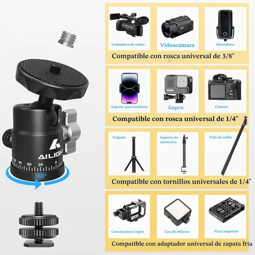 Vista 3 de Ailight Mini cabeza de bola, cabezal de trípode panorámico de 360°, adaptador de tornillo universal de 1/4 a 3/8 pulgadas, soporte de trípode