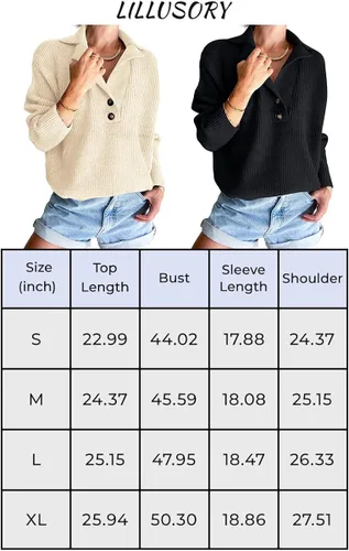 Vista 2 de LILLUSORY Suéteres de cuello en V para mujer 2022 con botones a presión, suéter de punto con cuello plegable, tops Henley