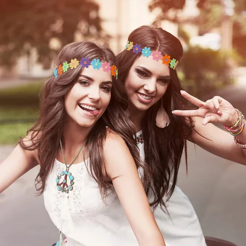 Vista 5 de Juego de 4 accesorios de disfraz hippie de los años 70 con signo de paz de los años 60 para mujer, collar, aretes de margarita, diadema de flores