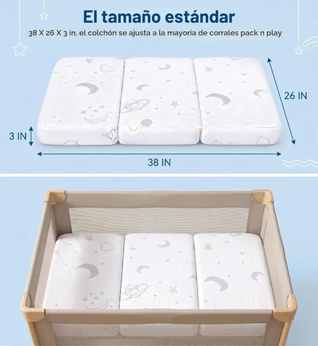 Vista 3 de Colchón Pack and Play, 38 x 26 pulgadas, colchón de espuma viscoelástica de doble cara para bebés y niños pequeños, colchones transpirables que se