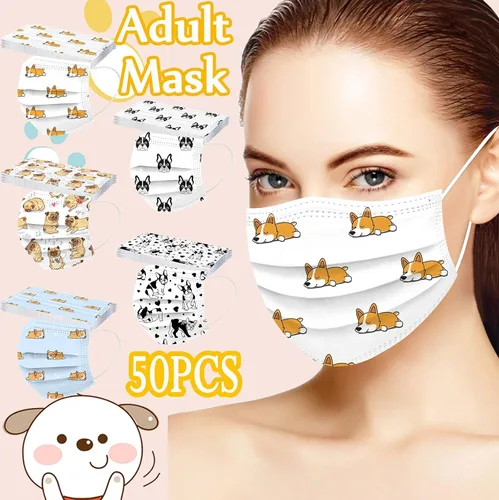 Vista 2 de 50 máscaras desechables para adultos, gatos, gatitos, antipolvo, cuidado de la piel, para vacaciones, máscara facial con estampado de cachorro