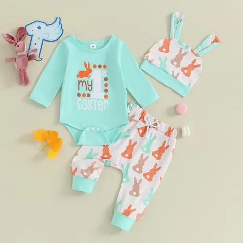 Vista 2 de hhchenyulemon Conjunto de mameluco de manga corta con estampado de conejito y gorro, ropa para bebés y niños pequeños