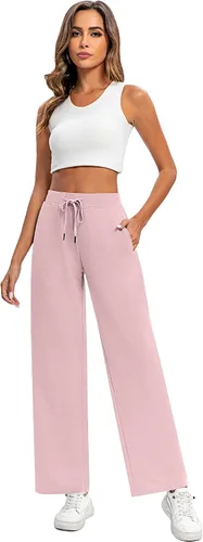 Vista 4 de Locoowai Paquete de 2 pantalones deportivos casuales de pierna ancha para mujer, con cordón en la cintura, holgados, pantalones de yoga sueltos