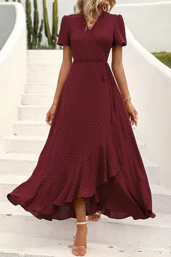 Vista 2 de PRETTYGARDEN - Vestido largo de verano cruzado para mujer, con cuello en V, estilo bohemio, floral, manga corta, dobladillo con volantes