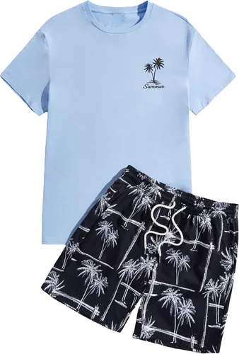 Vista 67 de GORGLITTER Conjunto de 2 piezas de camiseta gráfica de manga corta para hombre, estampado hawaiano con cordón y pantalones cortos
