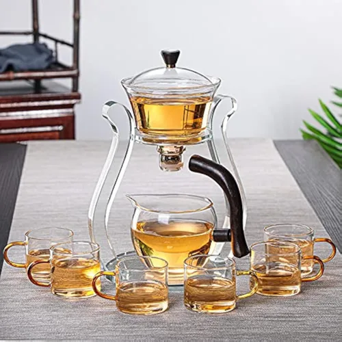 Vista 4 de RORA - Juego de té de Vidrio, juego de té automático de vidrio, juego de tetera Kungfu, magnético, giratorio, resistente al calor (color claro)