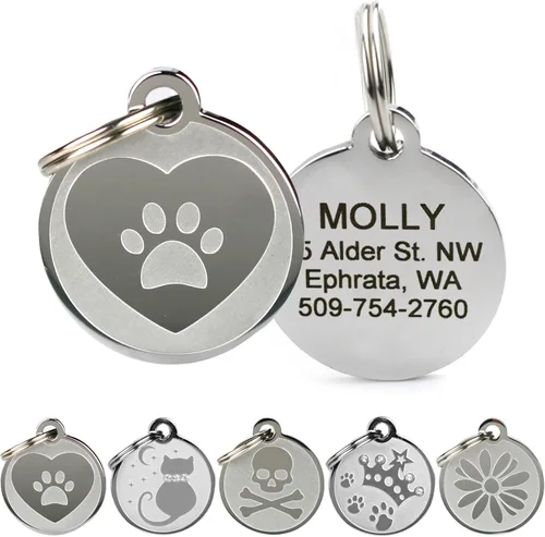 Vista 6 de Placas personalizables para mascotas, de acero inoxidable, para perros y gatos. Grabado personalizable con cuatro líneas de texto, elegante