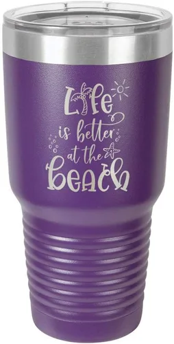 Vista 15 de La vida es mejor en la playa, vaso grabado de 76 ml con paja y tapa superior deslizante de acero inoxidable taza de viaje de acero inoxidable