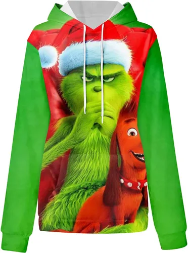 Vista 6 de Sudadera con capucha para mujer, sudadera verde con capucha y estampado de Feliz Navidad