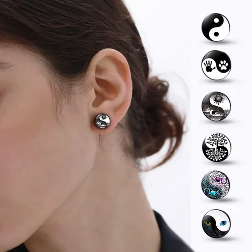 Vista 7 de YCL&TXL Juego de 6 pares de aretes de acero inoxidable con patrón Yin y Yang para hombre, redondos, color negro, 0.394 in, Acero inoxidable, No es