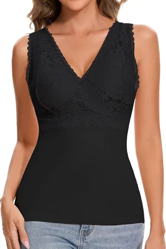 Vista 7 de Camiseta sin mangas adelgazante para mujer, cuello en V, camisola de encaje con brasier integrado, capa base