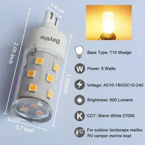 Vista 2 de BAYSHE Bombillas LED con base de cuña T10 de 12 V, 5 W, Malibú, camino, jardín, 921, 922, 912, 194, 168, T10, caravana, remolque, autocaravana