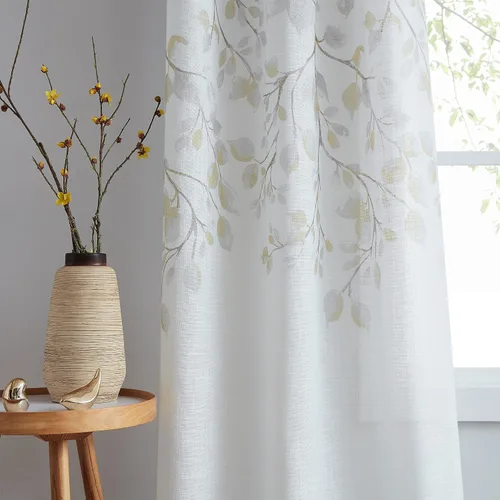 Vista 10 de Central Park Panel de Cortina de Ventana de Lino Transparente Metálico con Estampado Floral de Hojas para Sala de Estar Rústica/Dormitorio Paneles