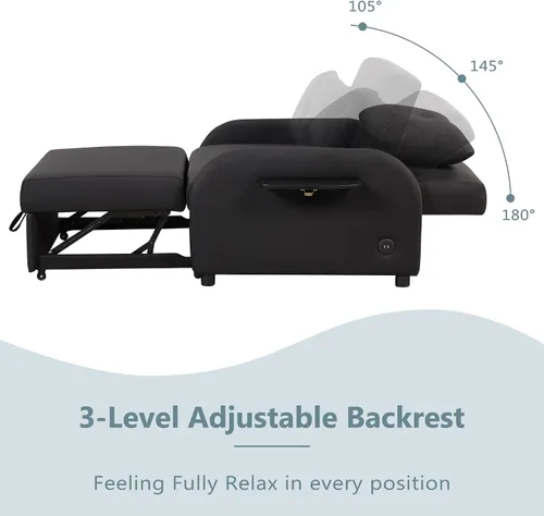 Vista 6 de Sofá cama extraíble 3 en 1, sofá cama convertible con 2 bolsillos laterales para mesa de ala y carga USB para tela de línea de siesta para sala