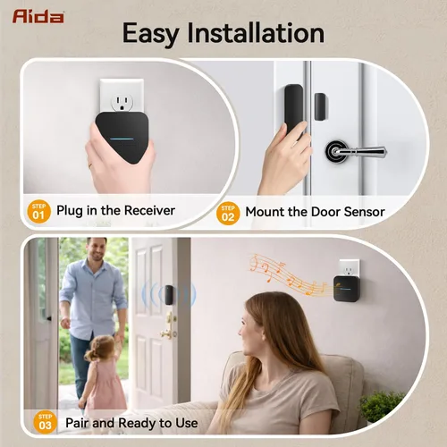 Vista 7 de AIDA Timbre de puerta, sensor de contacto abierto inalámbrico para puerta, timbre de alarma con rango de 600 pies, 58 campanillas, 5 niveles